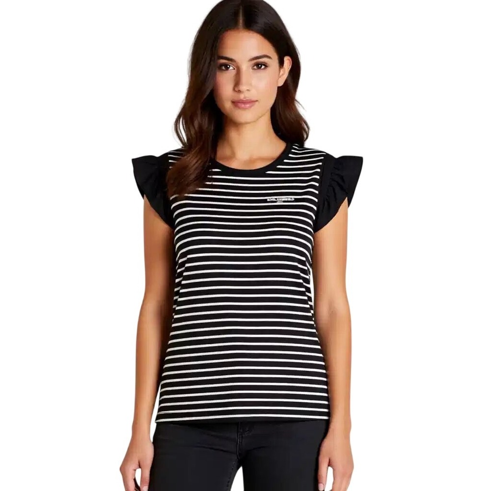 Karl Lagerfeld Paris Womens‎ Black White Striped Ruffle Sleeve Logo Top M NWT